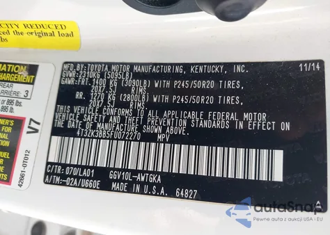 2015 Toyota Venza Xle V6 from USA, damaged, VIN 4T3ZK3BB5FU072270